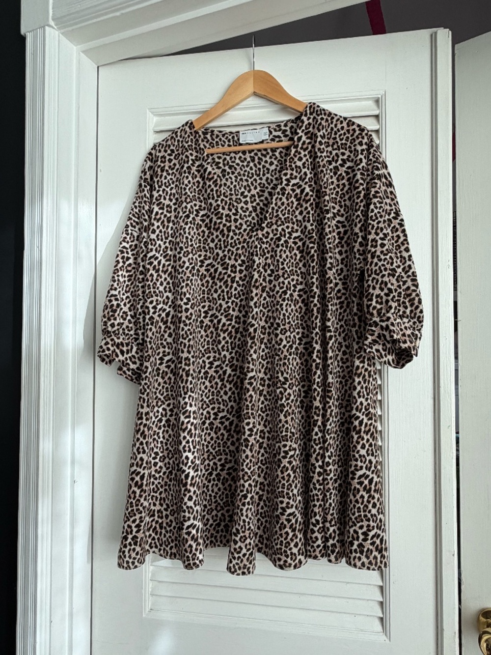 ASOS DESIGN Leopard Print Babydoll Mini Dress Puff Sleeve US 10
